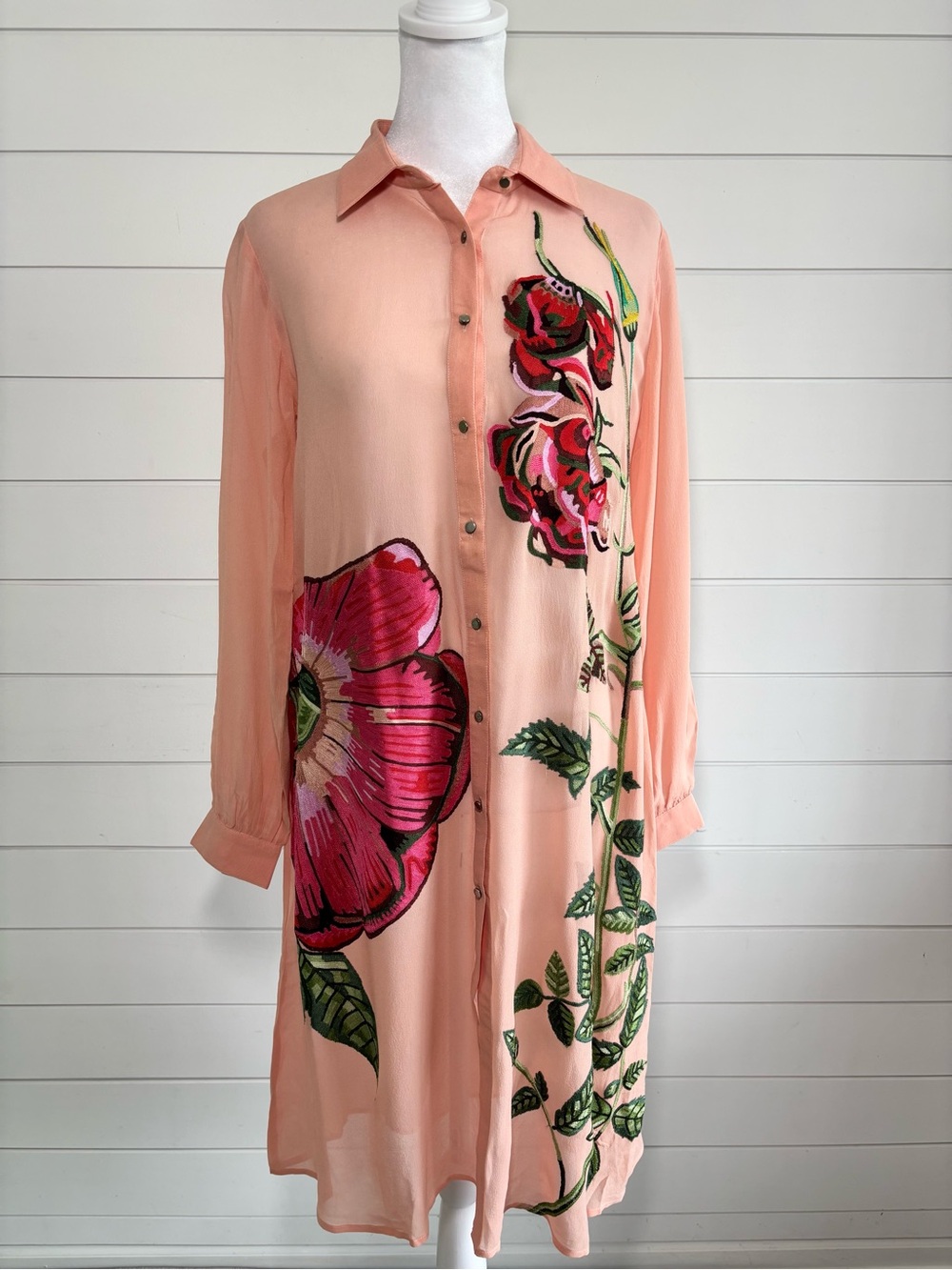 Pankaj and Nidhi Peach Floral Long-Sleeve Button Front Shirt Dress Size M